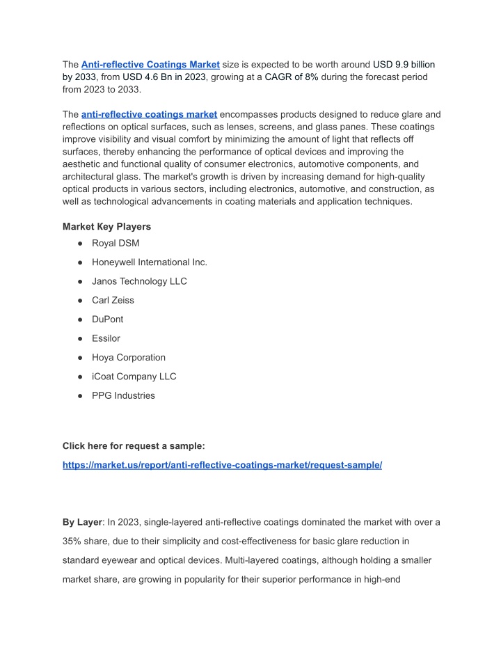 the anti reflective coatings market size n.w
