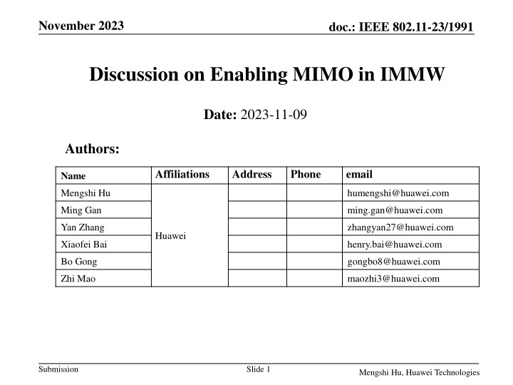 Discussion on Enabling MIMO in IMMW: IEEE 802.11-23/1991