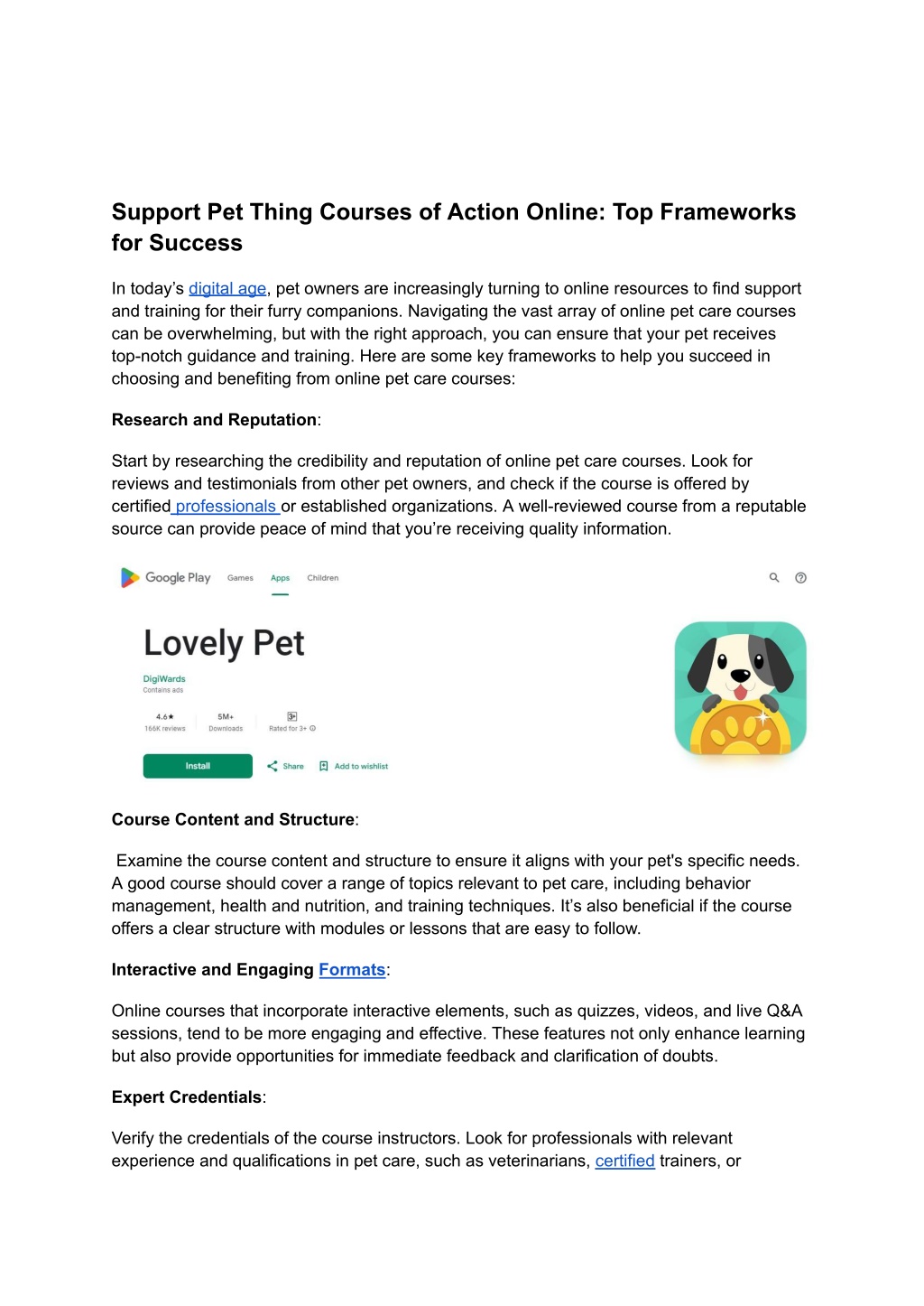 support pet thing courses of action online l.w