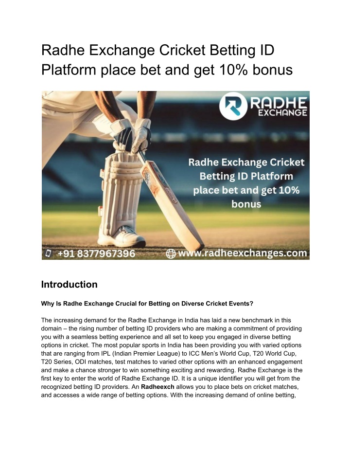 radhe exchange cricket betting id platform place n.w