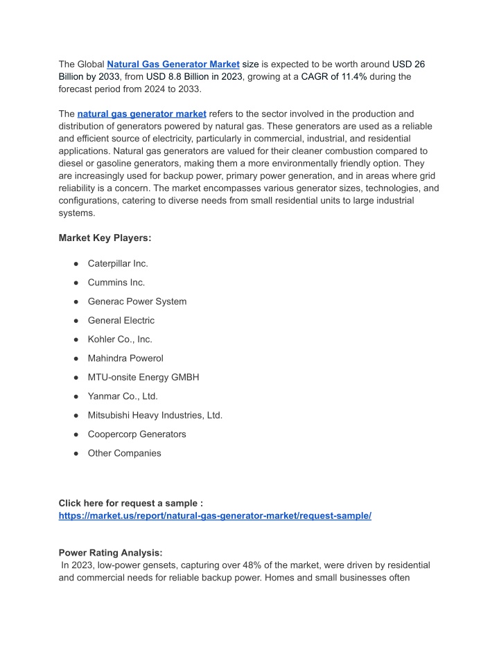 the global natural gas generator market size n.w