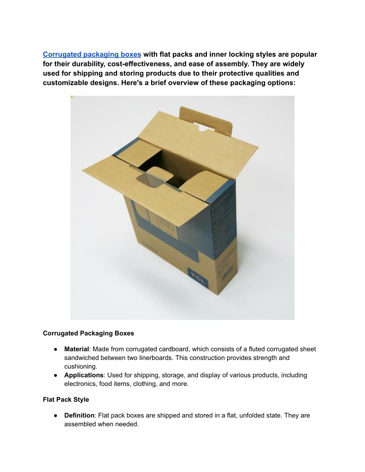 corrugated packaging boxes with flat packs n.w
