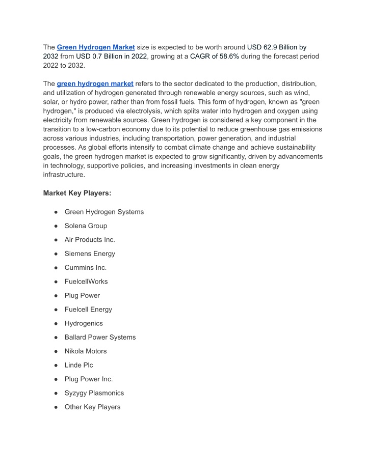 the green hydrogen market size is expected n.w