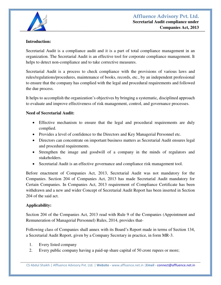 affluence advisory pvt ltd n.w