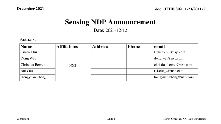 IEEE 802.11-21/2011r0 Sensing NDP Announcement Overview