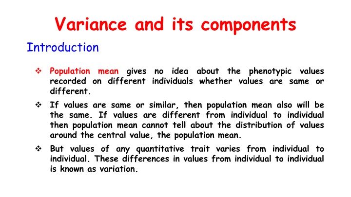 Variance and Its Components in Population Studies