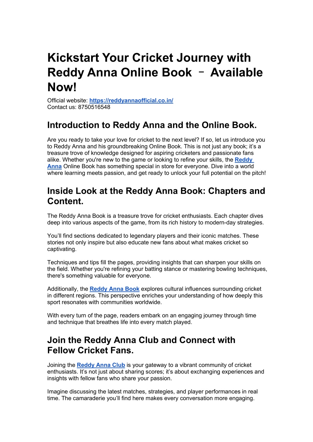 kickstart your cricket journey with reddy anna l.w