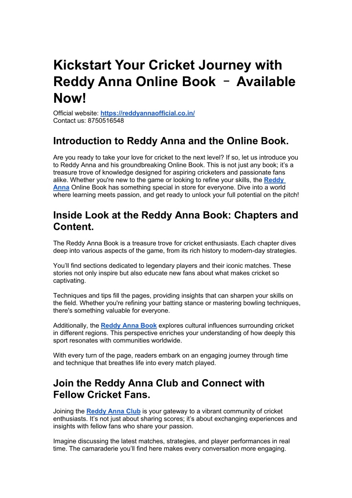 kickstart your cricket journey with reddy anna n.w