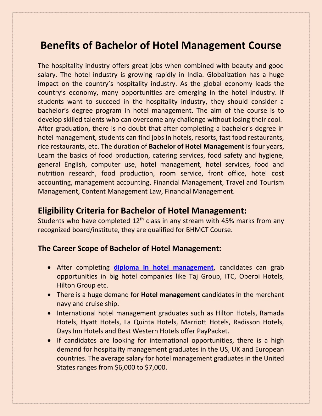 benefits of bachelor of hotel management course l.w