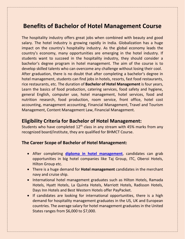 benefits of bachelor of hotel management course n.w