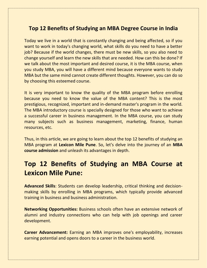 top 12 benefits of studying an mba degree course n.w