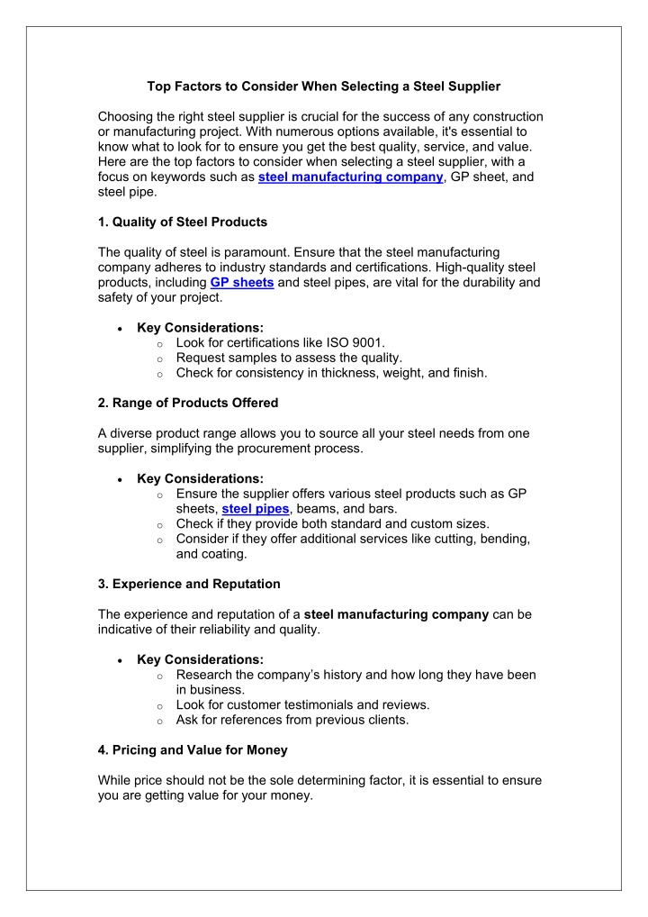 top factors to consider when selecting a steel n.w