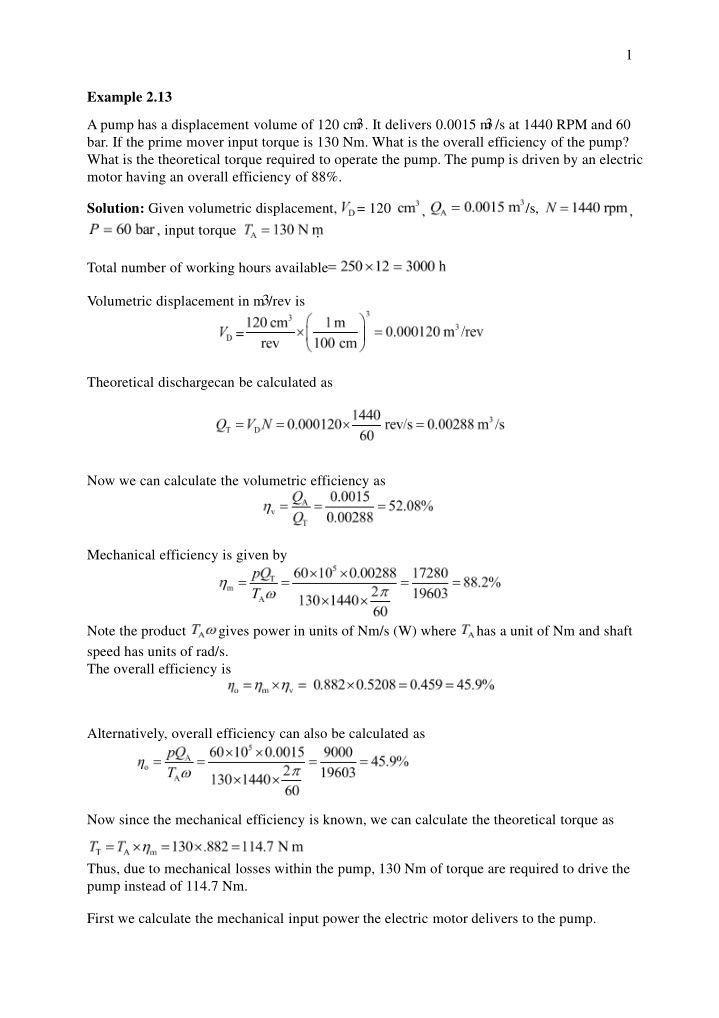 Pump Efficiency and Power Calculation Examples