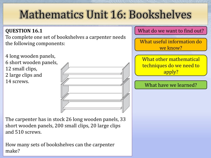 Problem Solving: Carpenter's Bookshelf Inventory