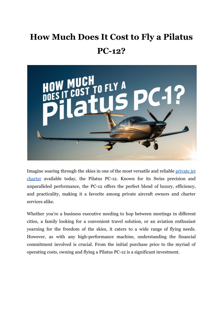 how much does it cost to fly a pilatus n.w