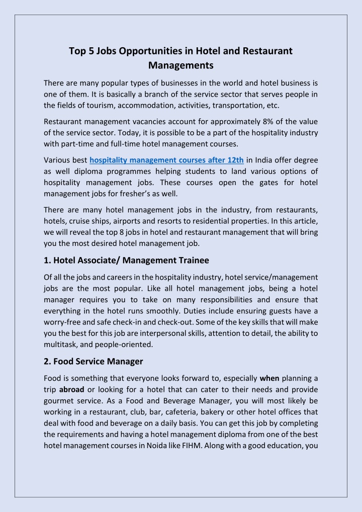 top 5 jobs opportunities in hotel and restaurant n.w