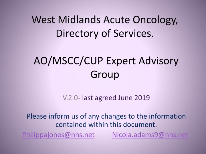 West Midlands Acute Oncology Directory of Services: Hospital Contact Information