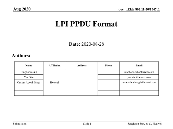 Proposed 80 MHz EHT LPI PPDU Format for IEEE 802.11-20/1347r1