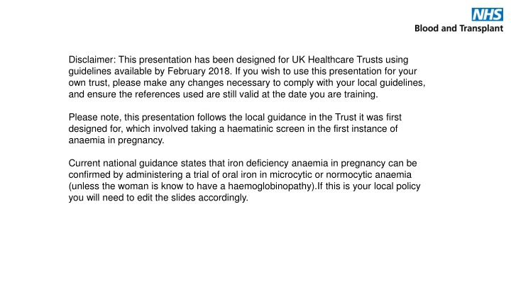 Enhancing Patient Blood Management in Pregnancy at [INSERT LOCAL HOSPITAL NAME]