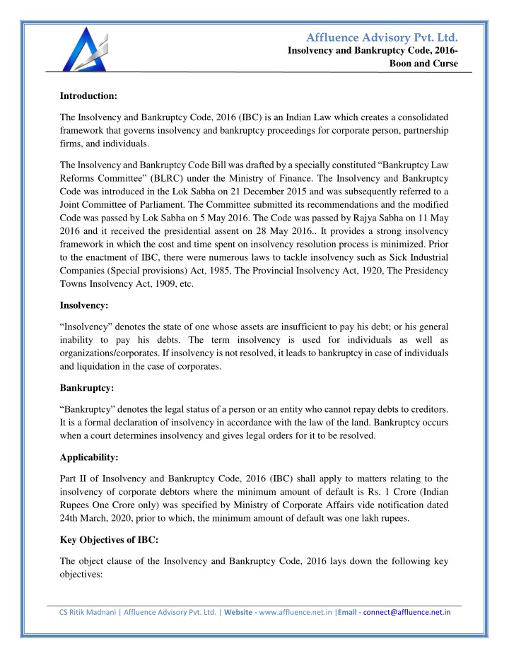 affluence advisory pvt ltd n.w