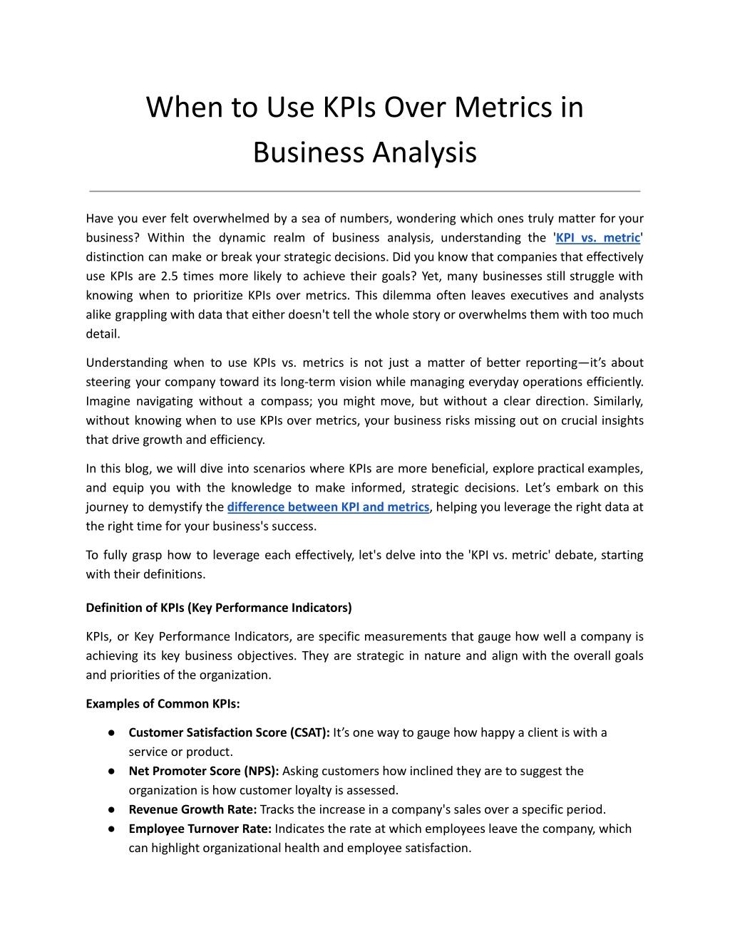 when to use kpis over metrics in business analysis l.w