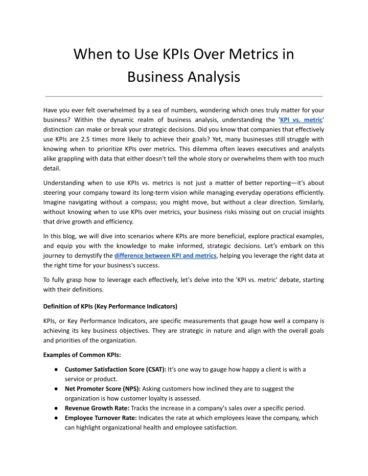 when to use kpis over metrics in business analysis n.w