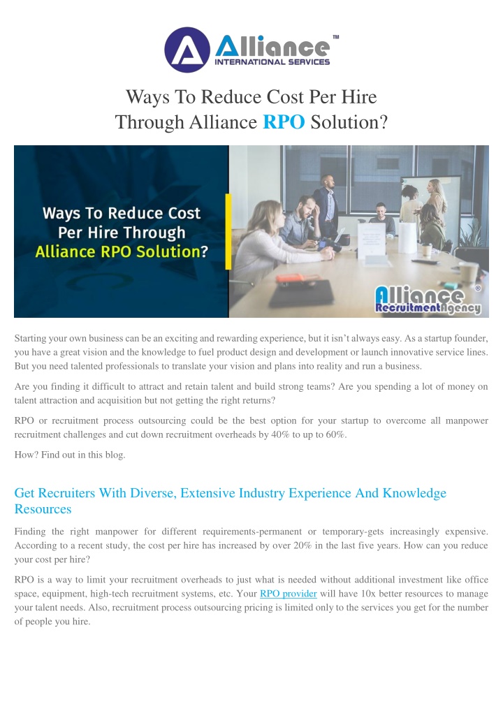ways to reduce cost per hire through alliance n.w