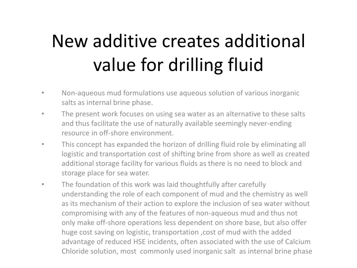 Innovative Use of Sea Water in Drilling Fluid Development