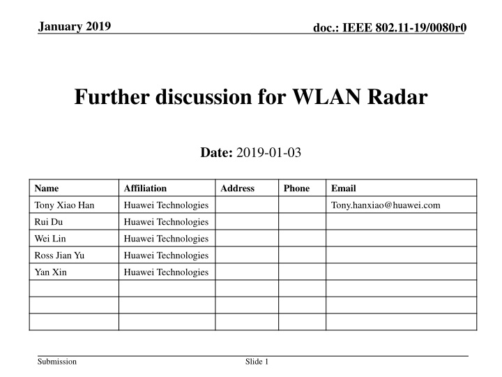 Radar Function Integration in WLAN: January 2019 Discussion