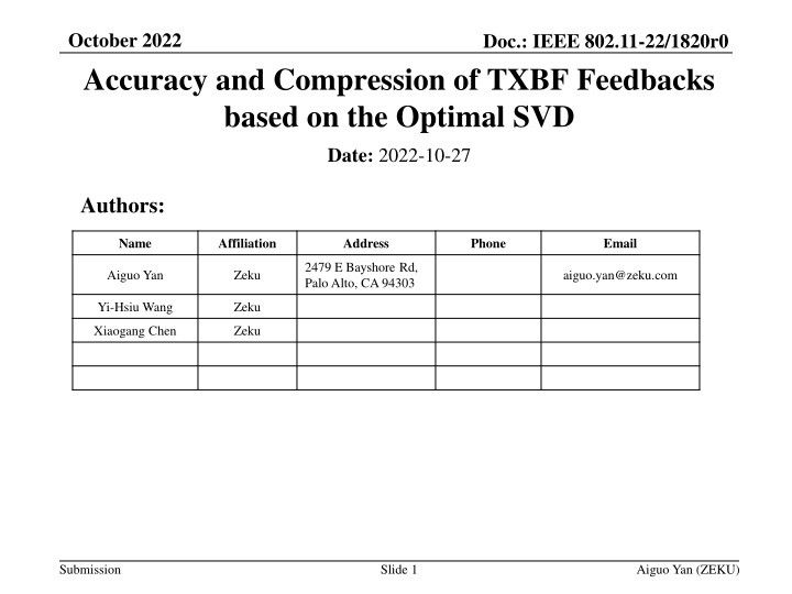 IEEE 802.11-22/1820r0: Accuracy and Compression of TXBF Feedbacks