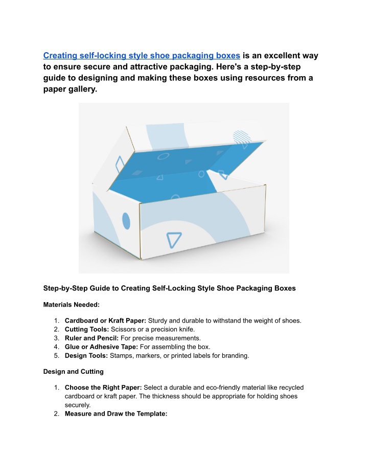 creating self locking style shoe packaging boxes n.w