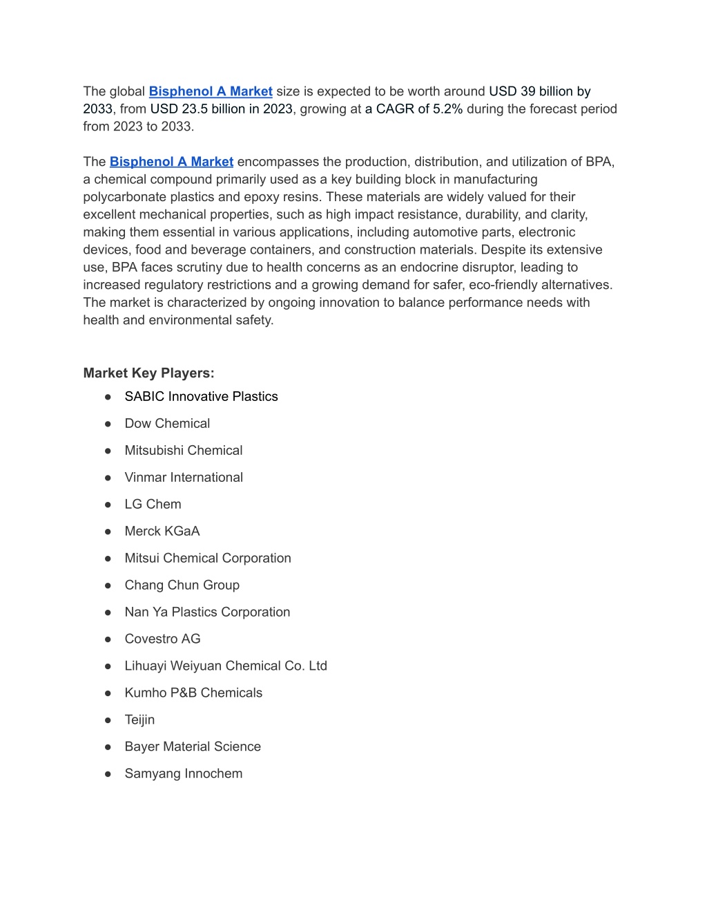 the global bisphenol a market size is expected l.w