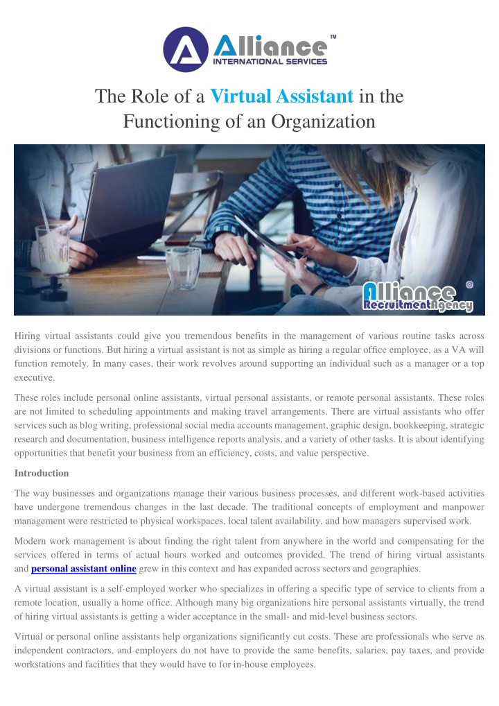 the role of a virtual assistant n.w