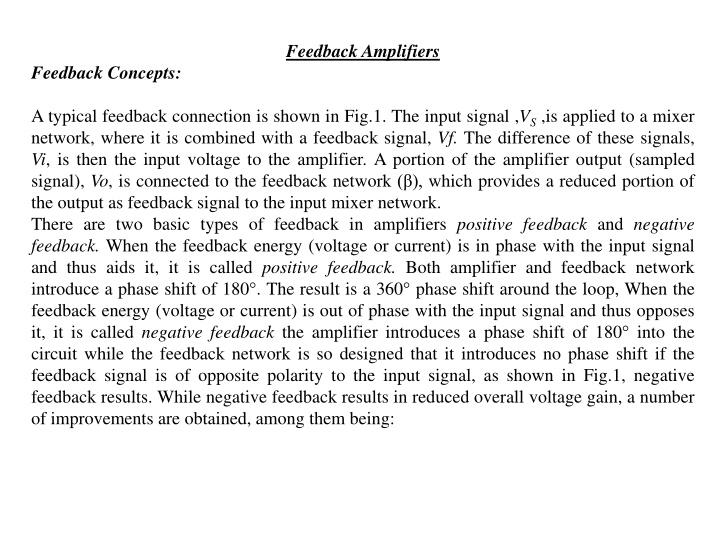 Feedback Amplifiers in Electronic Circuits