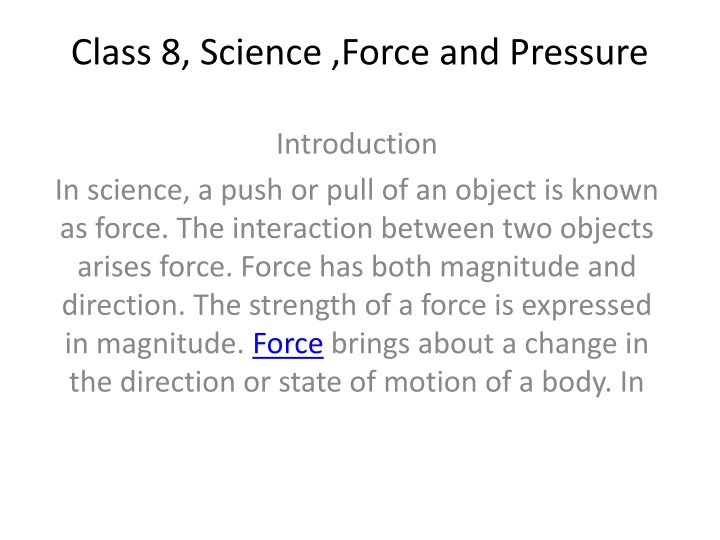 Force and Pressure in Class 8 Science