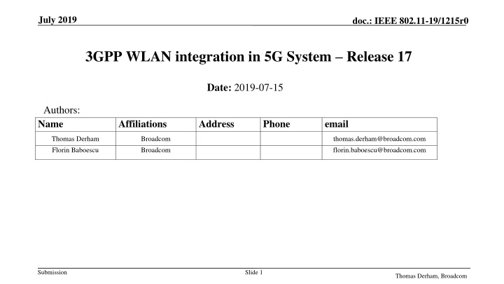 IEEE 802.11-19/1215r0 WLAN Integration in 5G System Release 17 Overview