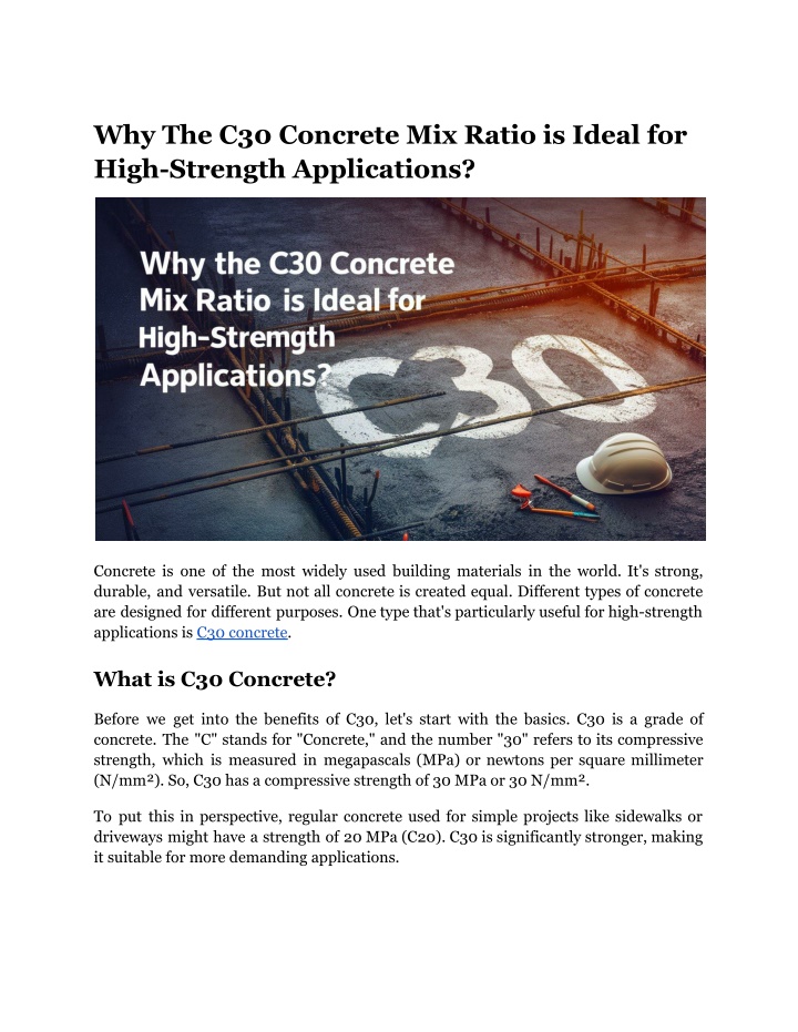 why the c30 concrete mix ratio is ideal for high n.w