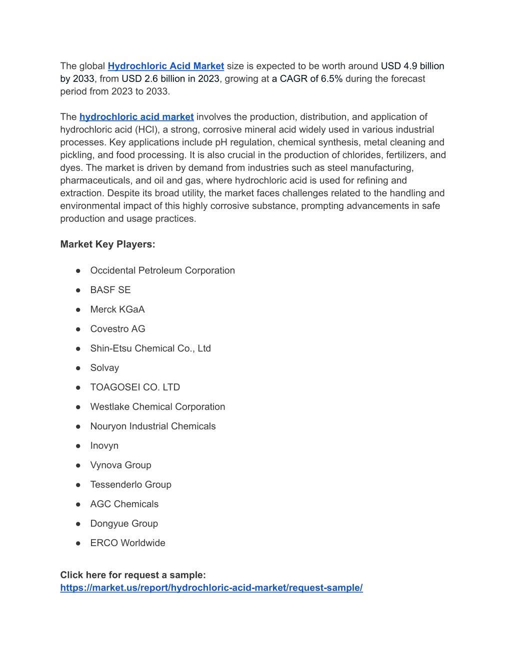 the global hydrochloric acid market size l.w