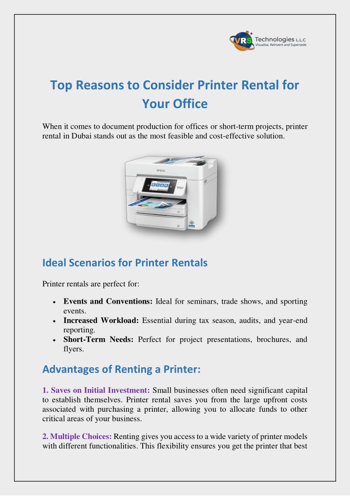 top reasons to consider printer rental for your n.w
