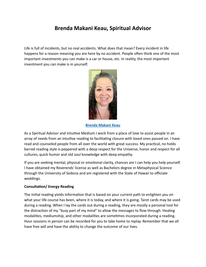brenda makani keau spiritual advisor n.w