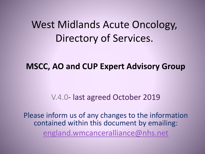 West Midlands Acute Oncology Directory of Services - Hospital Contact Information