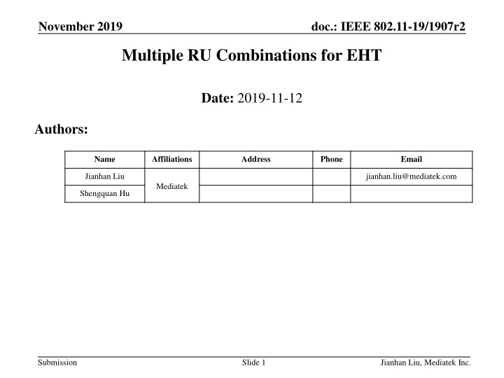 IEEE 802.11-19/1907r2 Multiple RU Combinations for EHT
