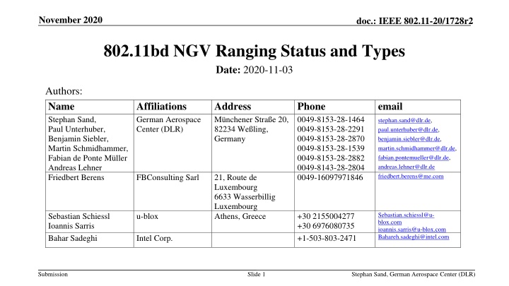 IEEE 802.11-20/1728r2 NGV Ranging Contributions