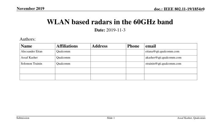 WLAN-Based Radars in the 60GHz Band Using IEEE 802.11-19/1854r0 Protocol