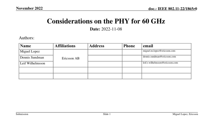 Considerations on PHY for 60 GHz in IEEE 802.11-22/1865r0 Document