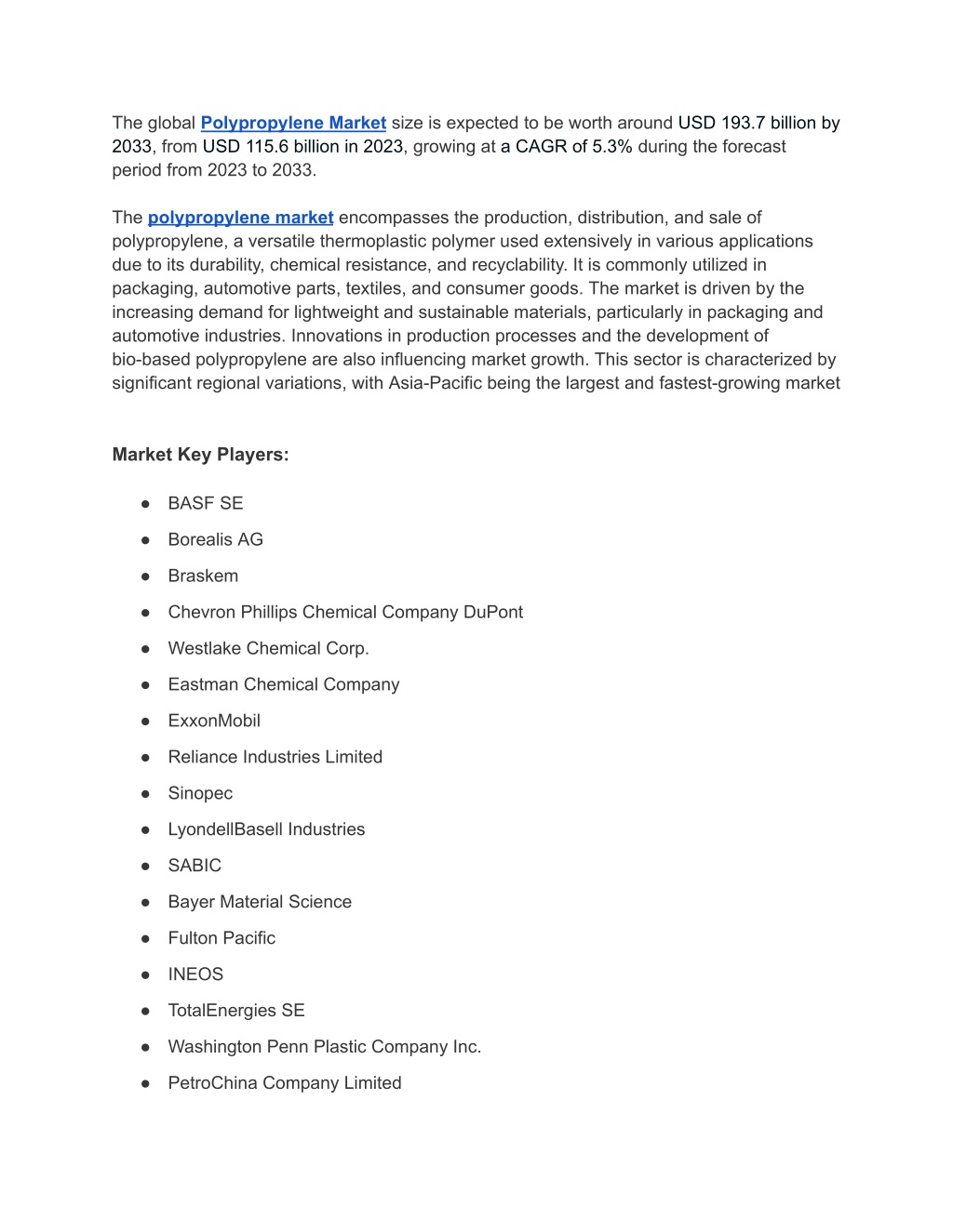 the global polypropylene market size is expected l.w