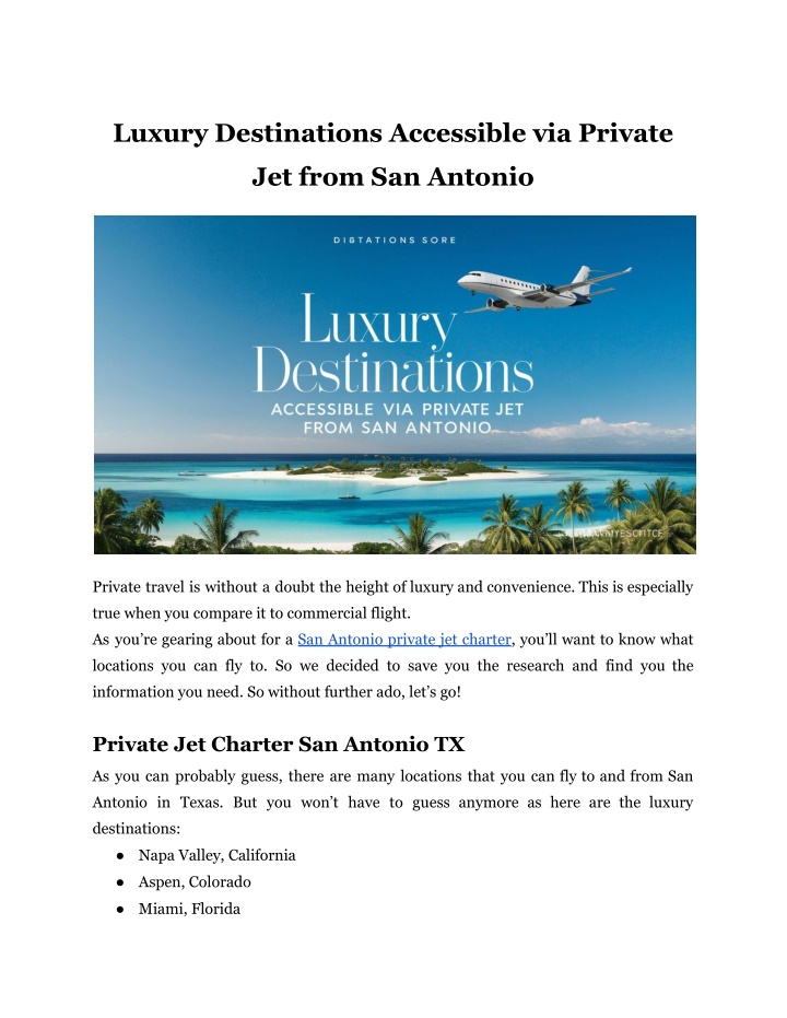 luxury destinations accessible via private n.w