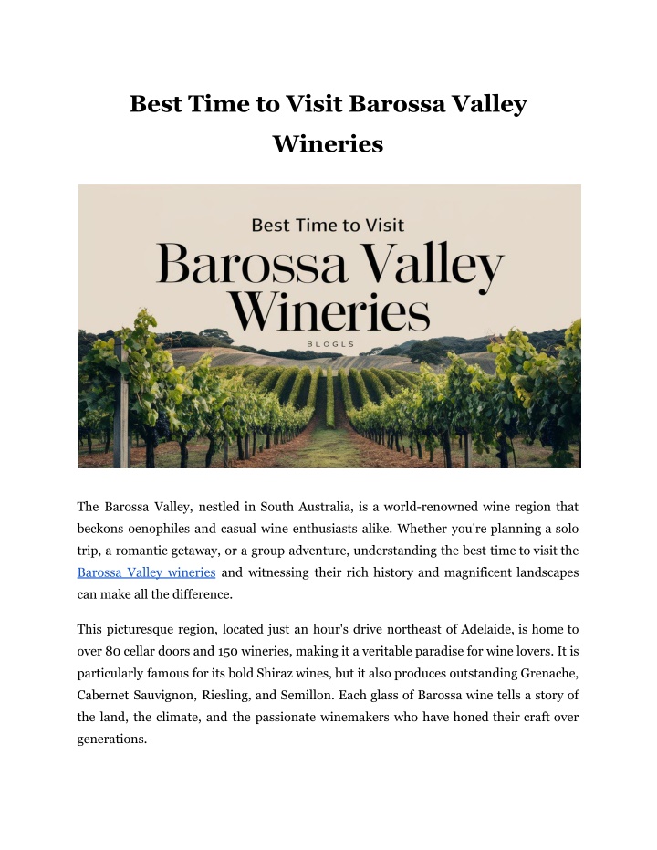 best time to visit barossa valley n.w