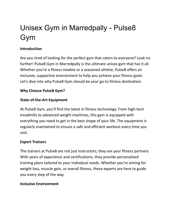 unisex gym in marredpally pulse8 gym n.w