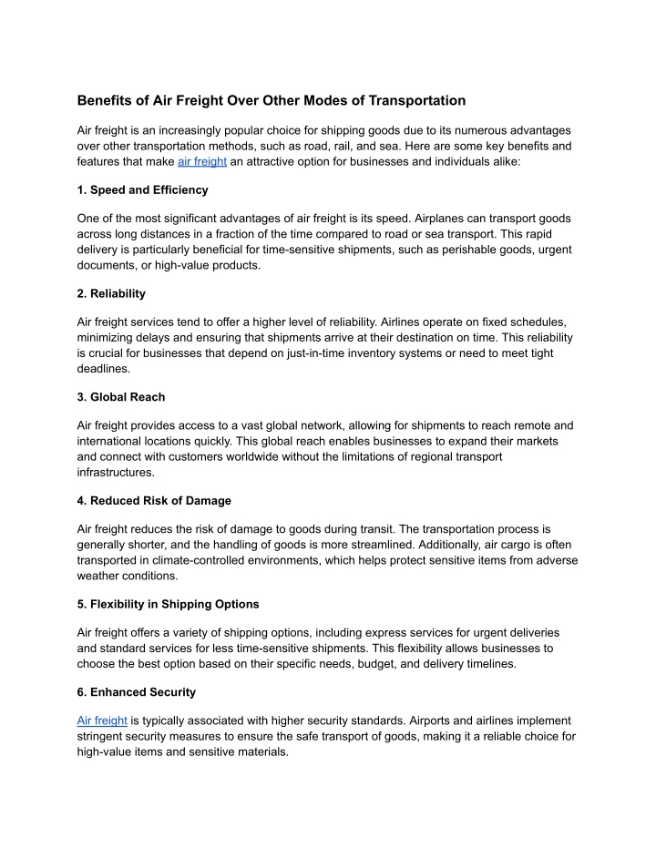 benefits of air freight over other modes n.w